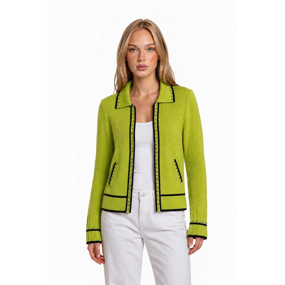 Ming Wang Knit Jacket Women's Size Medium Lime Green Studded Open Front Blazer
